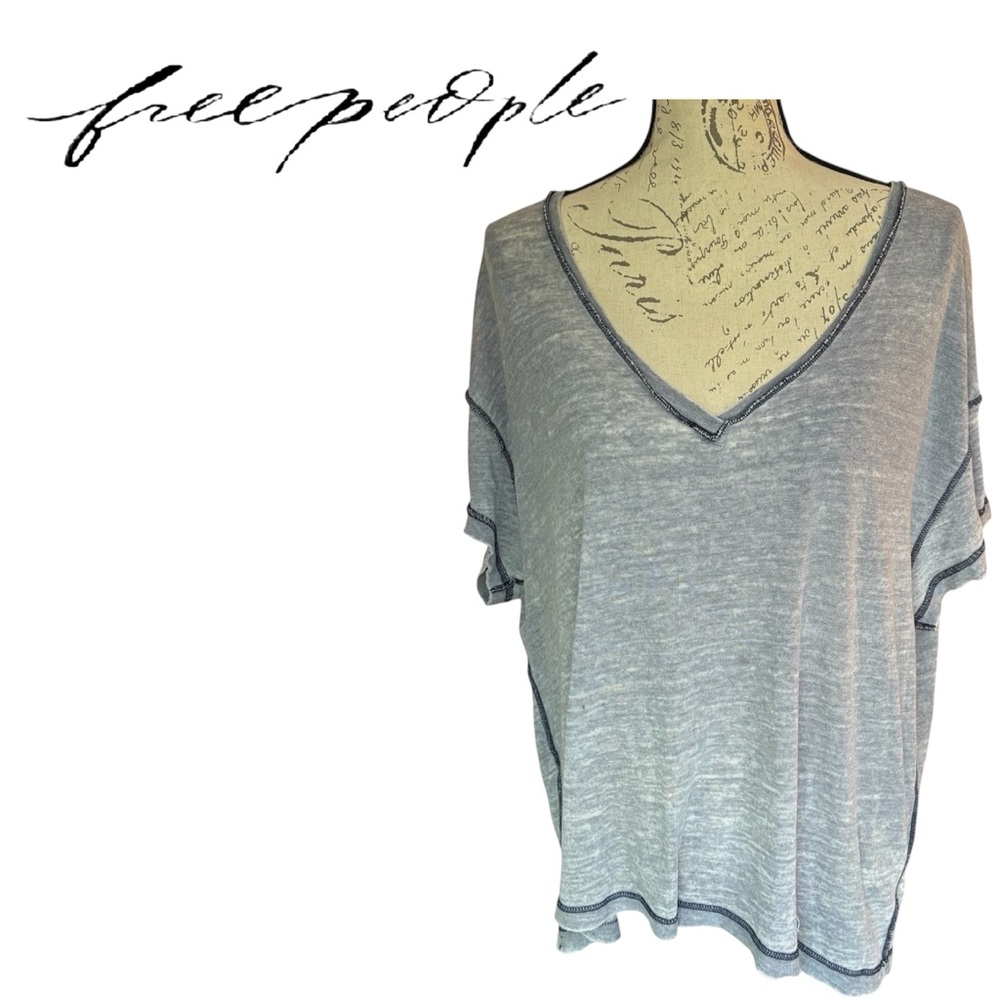 Free People Heather Blue V-Neck Tee Open Back Raw Edge Exposed Seams We The Free